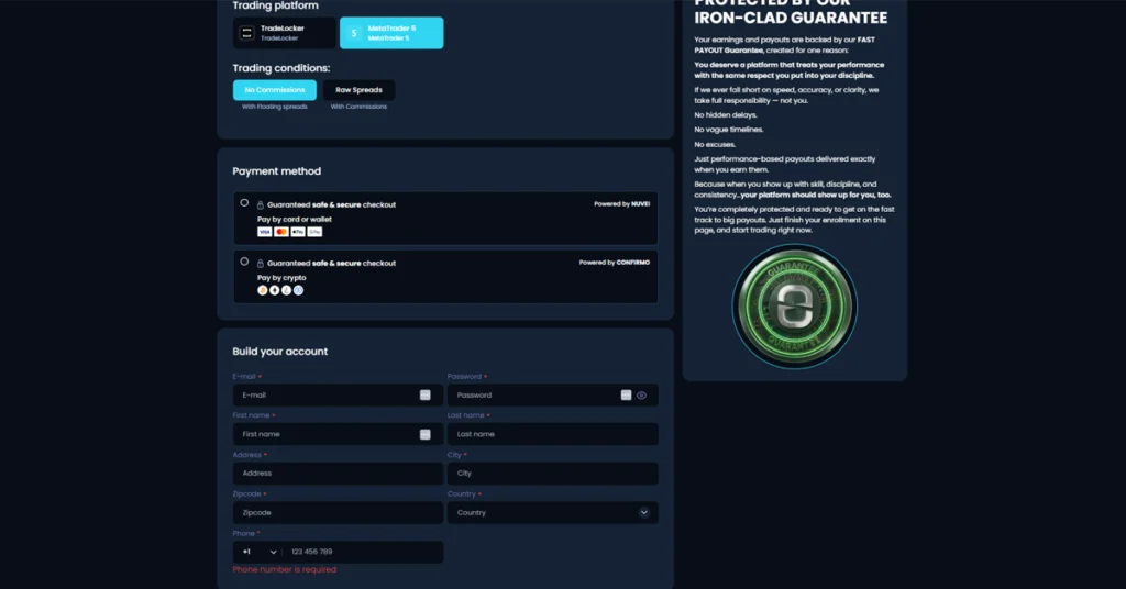 E8 Markets Forex checkout form