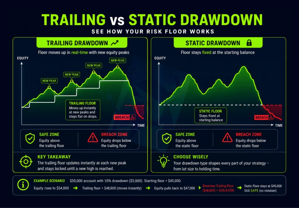 FXIFY trailing drawdown vs static drawdown diagram