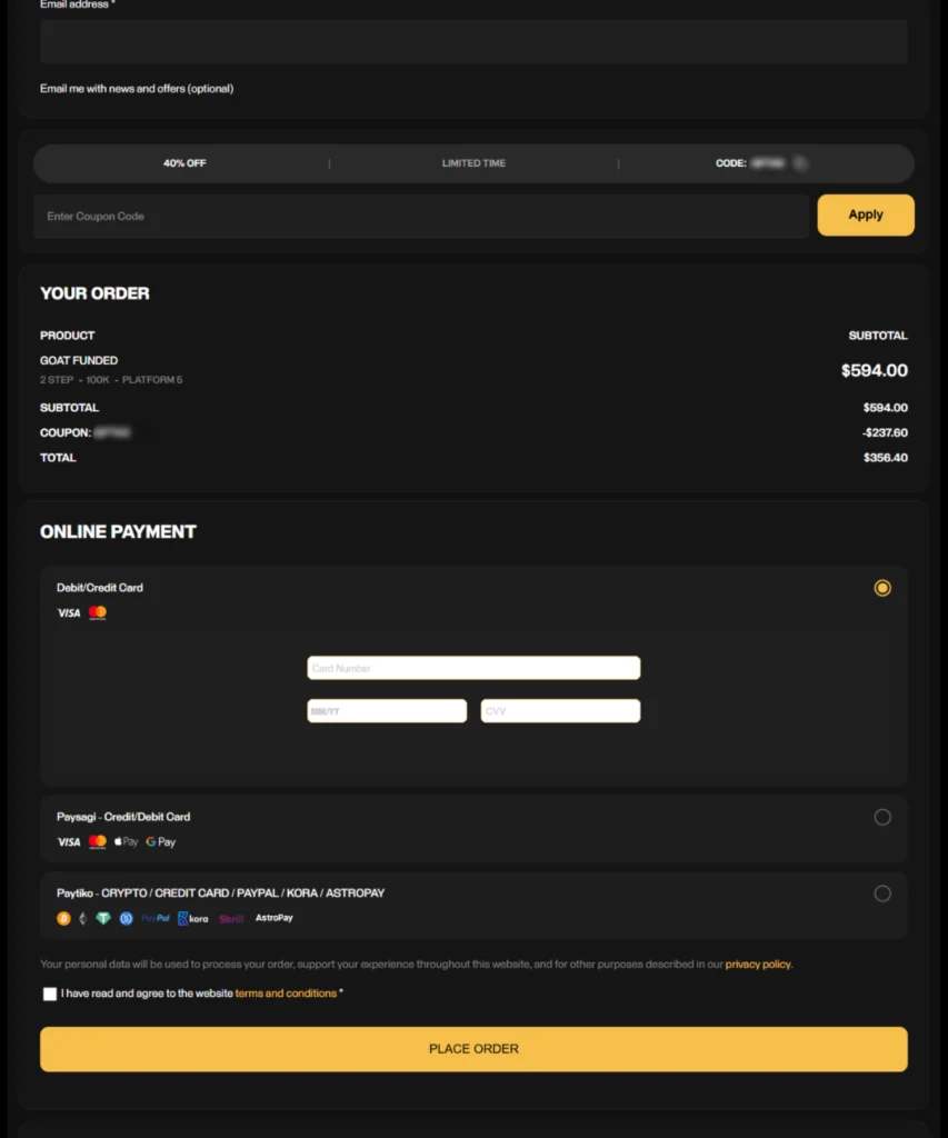 Step-by-step checkout page of Goat Funded Trader highlighting where to paste the discount code.